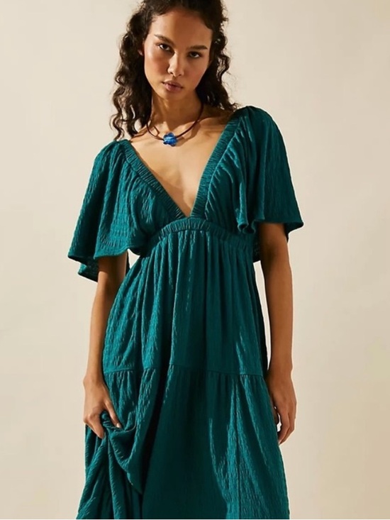 Free People Beach La La Maxi Dress Tiered Flutter Sleeve Teal Blue Green Size S - Picture 5 of 13